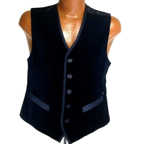 Vintage 90s Guess Vest Mens Medium Black Crushed Velvet 5 button Graphic Back - Picture 2 of 10